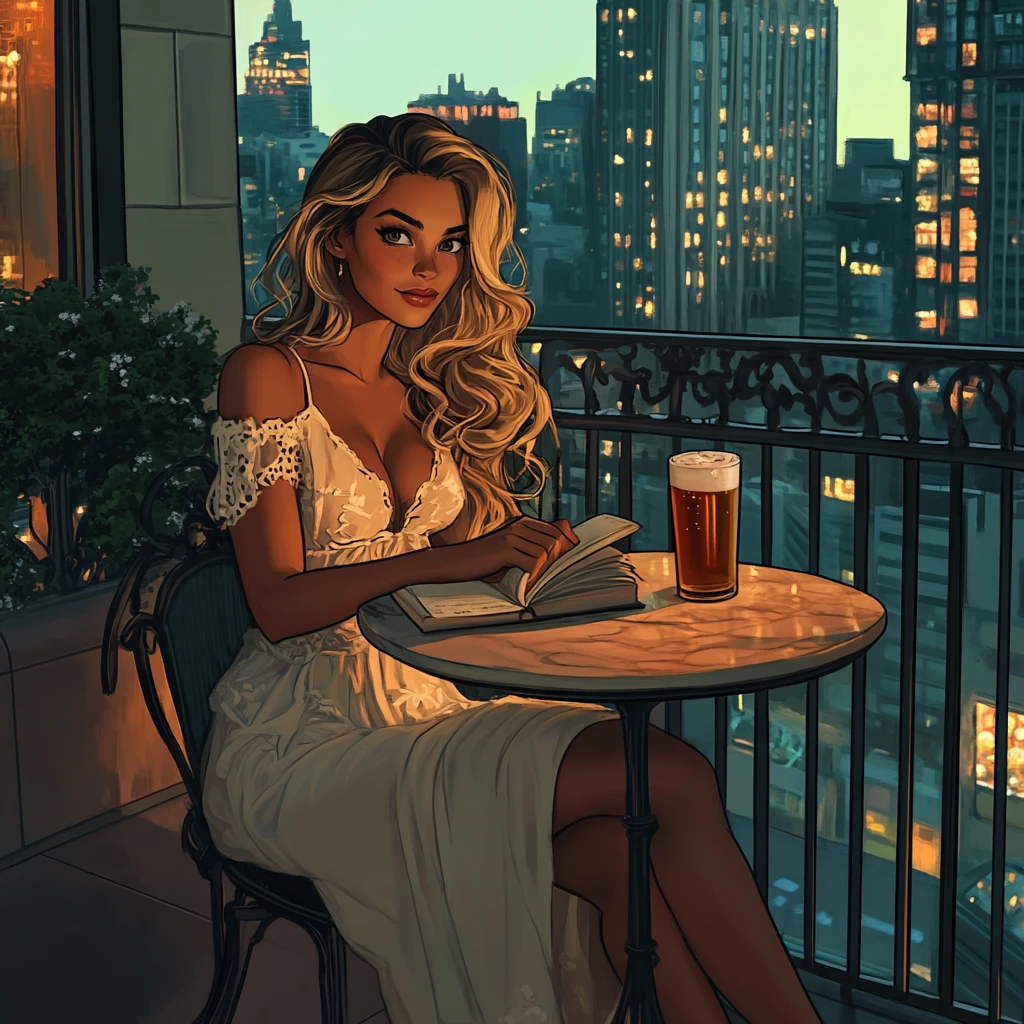 Mulher em terraço na cobertura com vista para cidade neon à noite