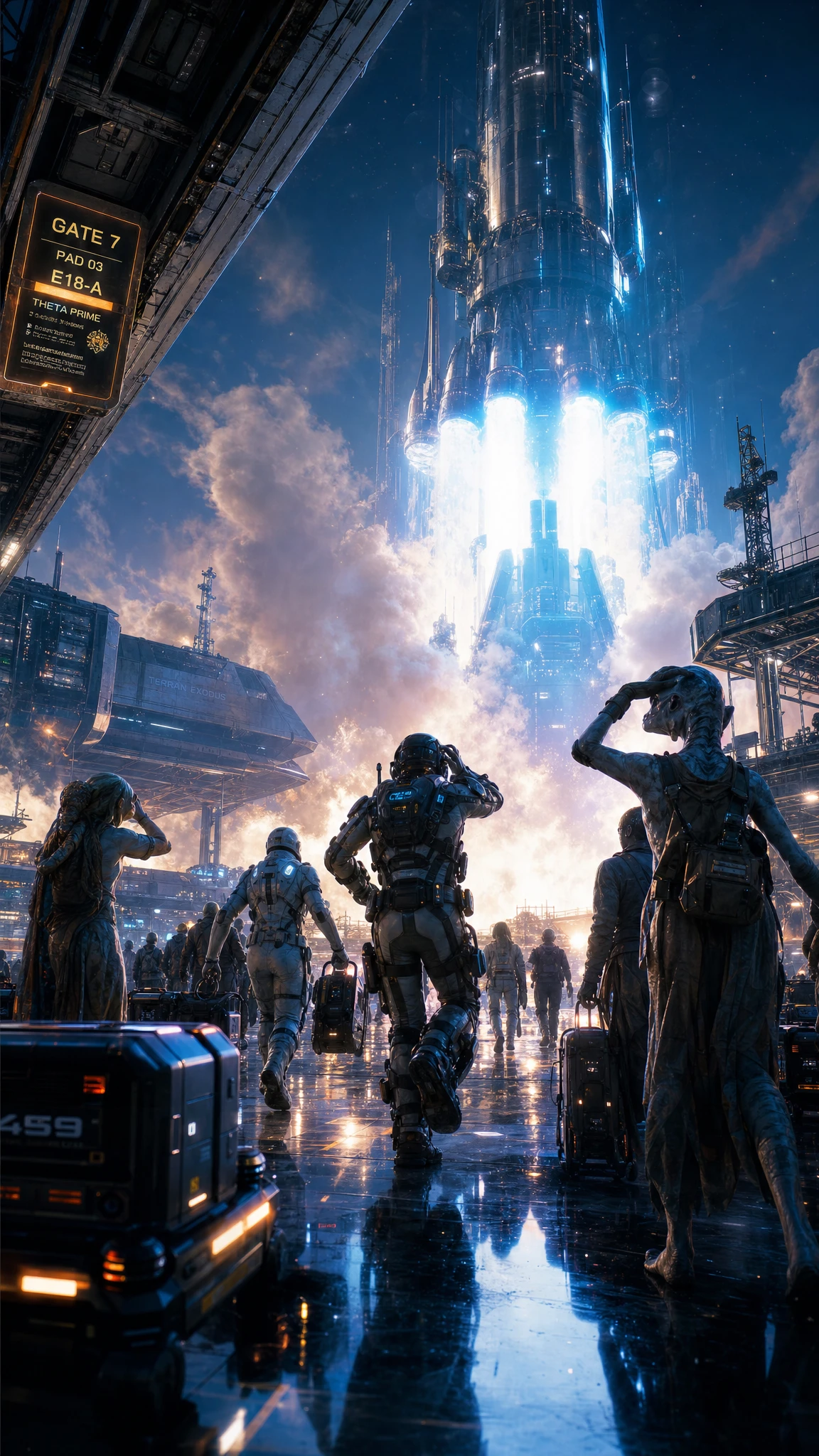 Futuristischer Weltraumhafen mit startender Rakete in der Dämmerung
