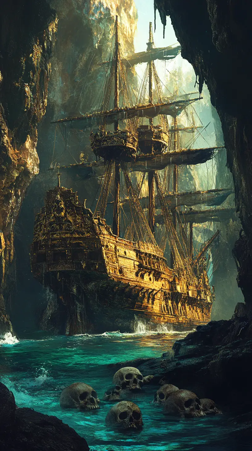 Golden pirate ship stranded in a sunlit sea cave