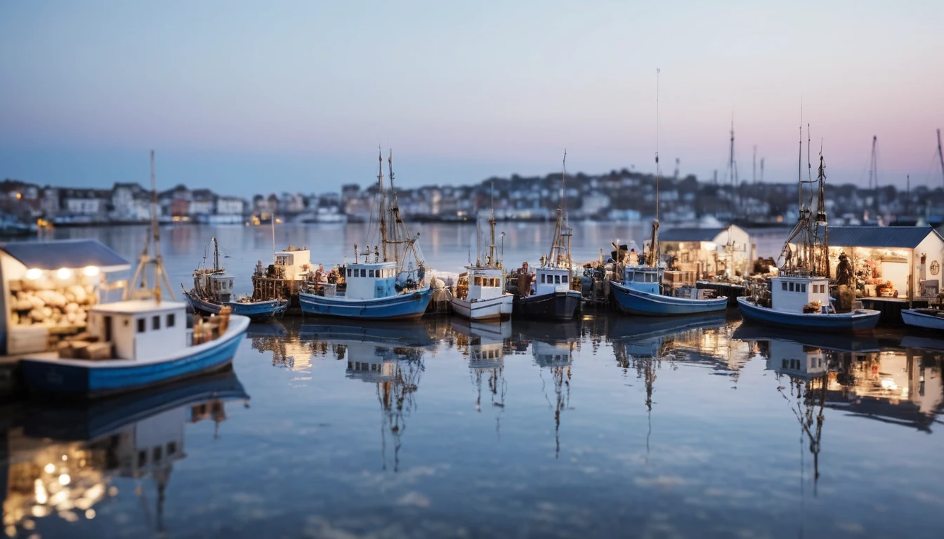 Marché aux poissons miniature au port en tilt shift à l’aube