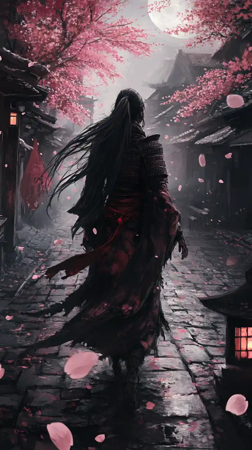 月明かりの桜並木を歩く女侍