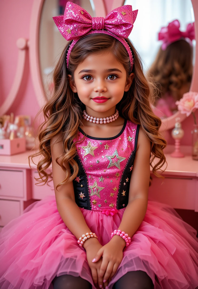 Garoto pré-adolescente tímido de vestido rosa em penteadeira com brilho