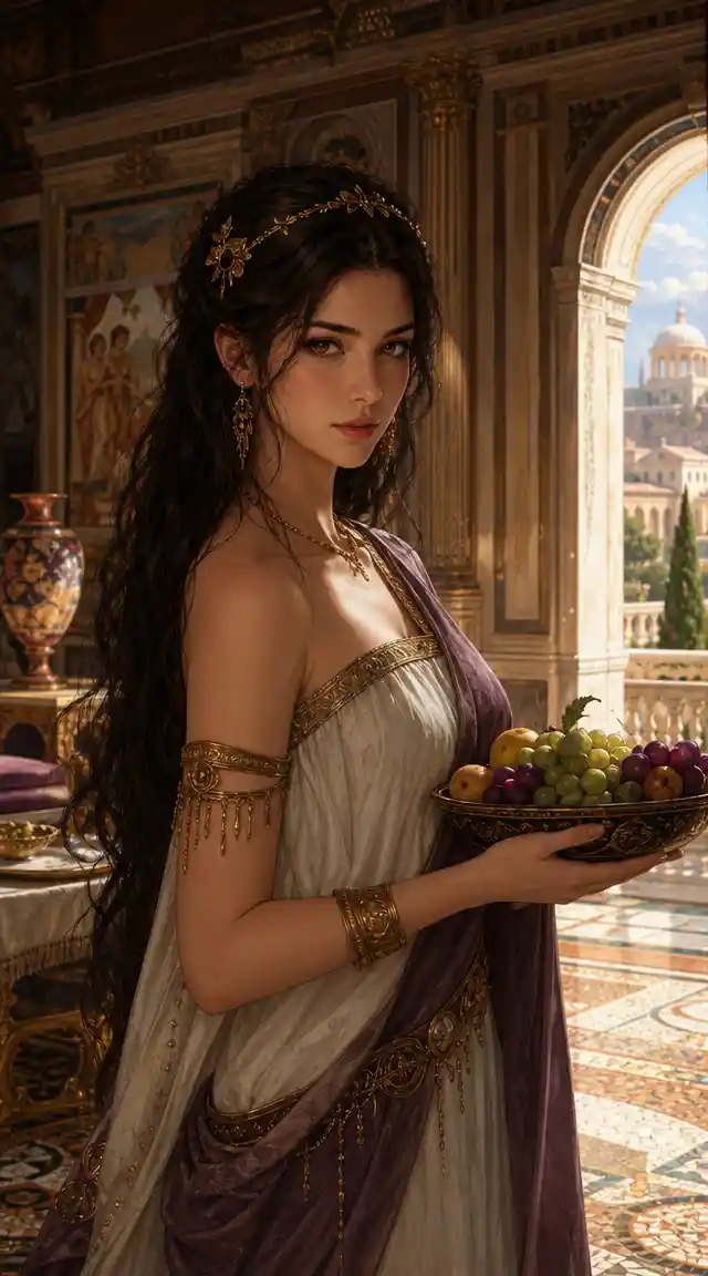 Elegantes römisches Anime-Mädchen mit Obst in einem Palast