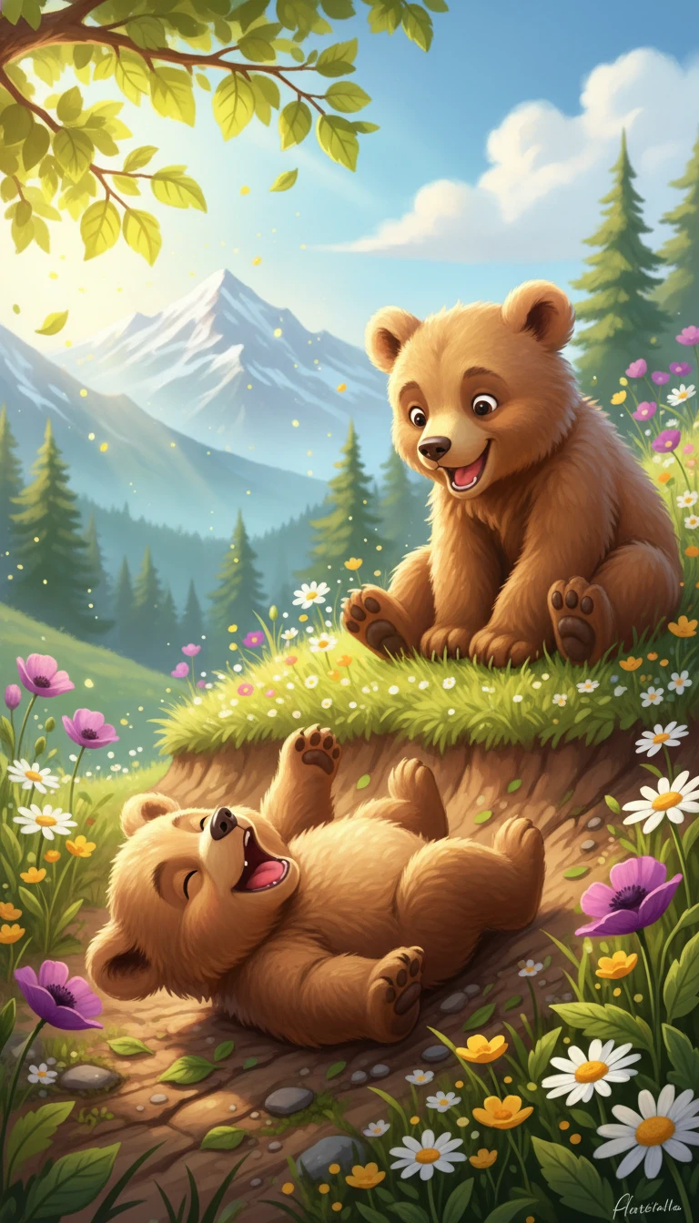 Cuccioli di orso giocherelloni che rotolano in un soleggiato prato alpino