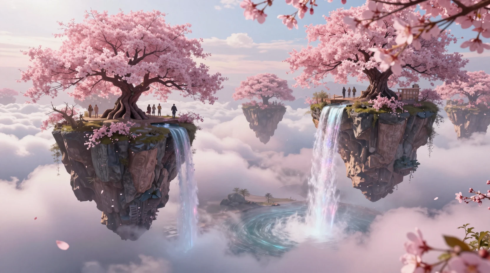 Ilhas flutuantes no céu com cerejeiras sobre nuvens cor‑de‑rosa