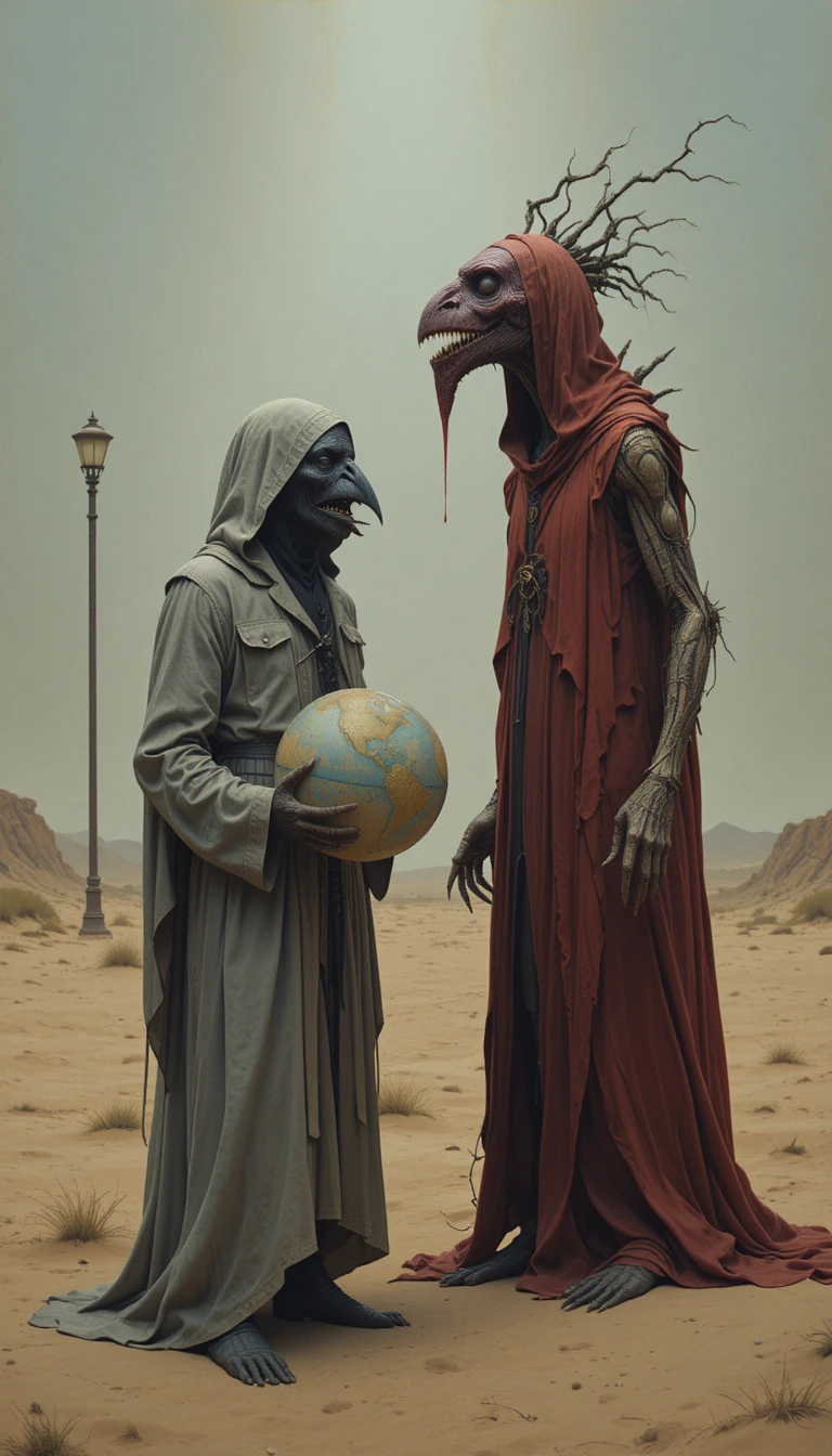 Figura incappucciata con maschera da uccello che stringe un globo nel deserto
