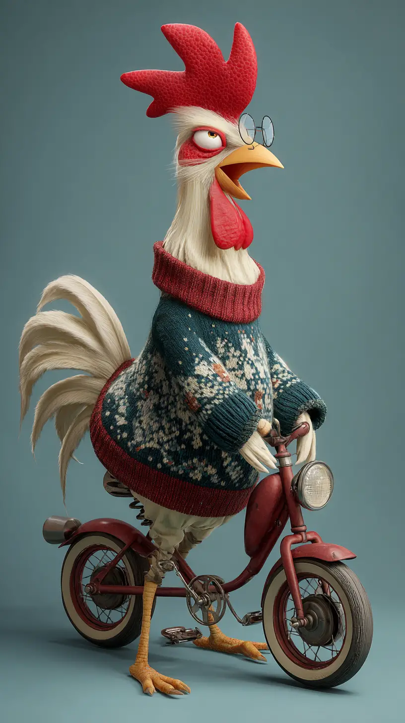 Poulet fantasque sur un tricycle avec pull festif