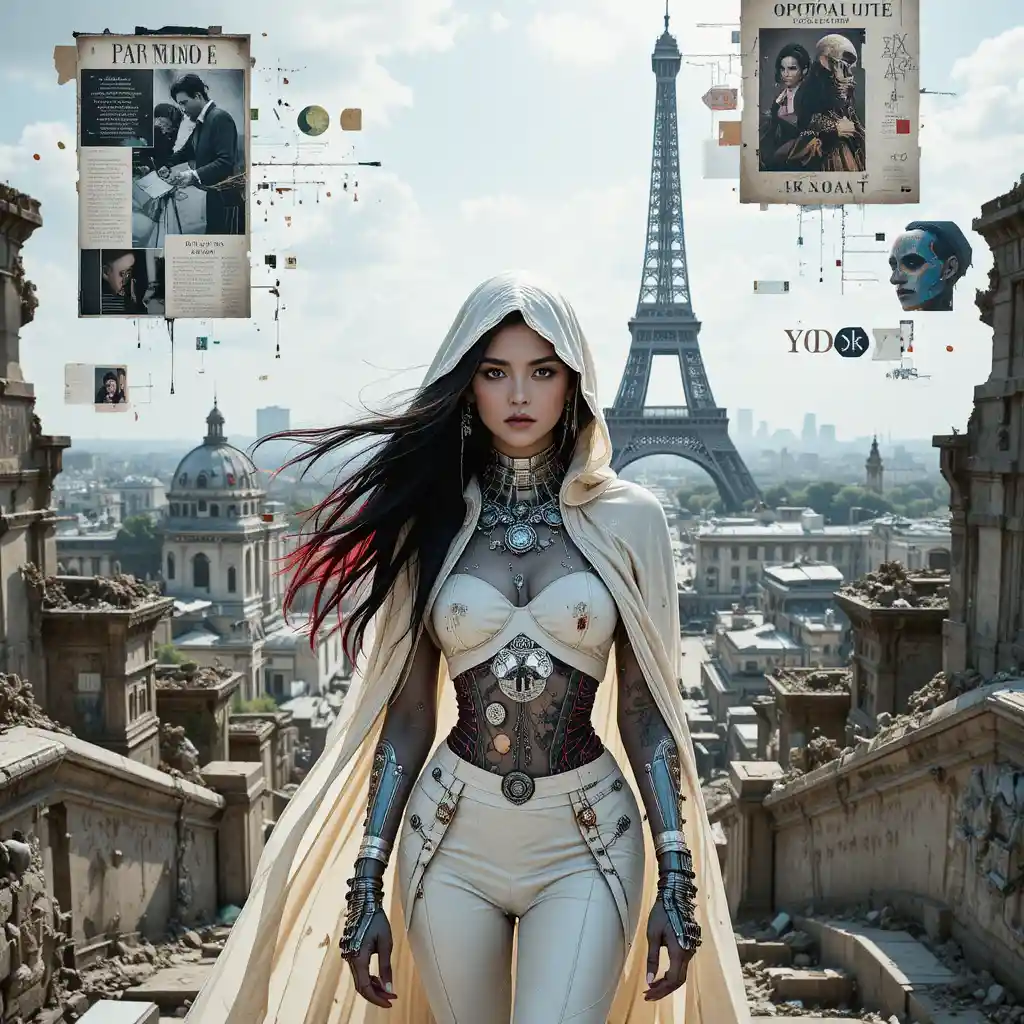 Donna cyberpunk su una scalinata di un palazzo di cromo in rovina