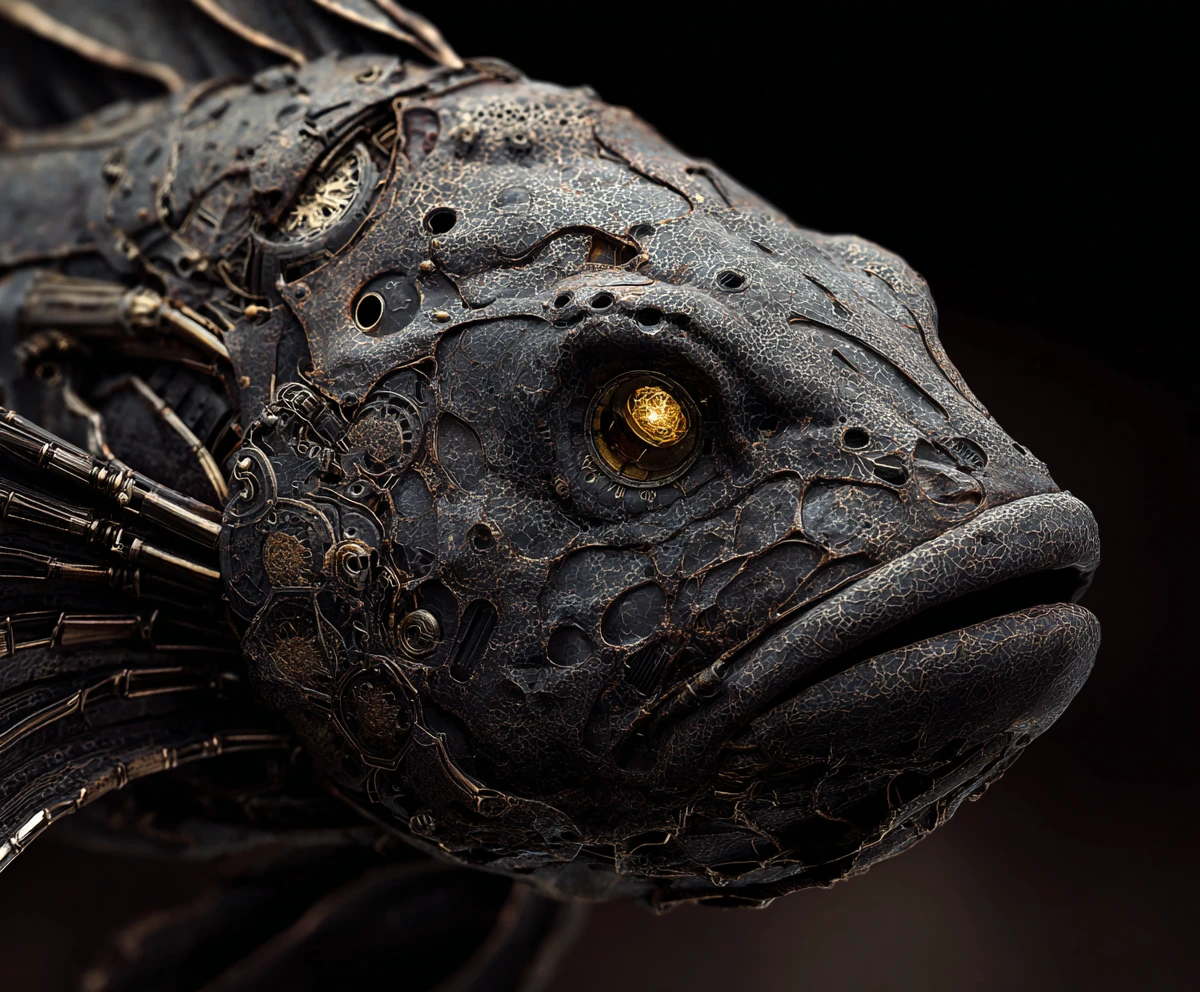 Gigantic Mechanical Cyber Fish With Glowing Golden Eyes