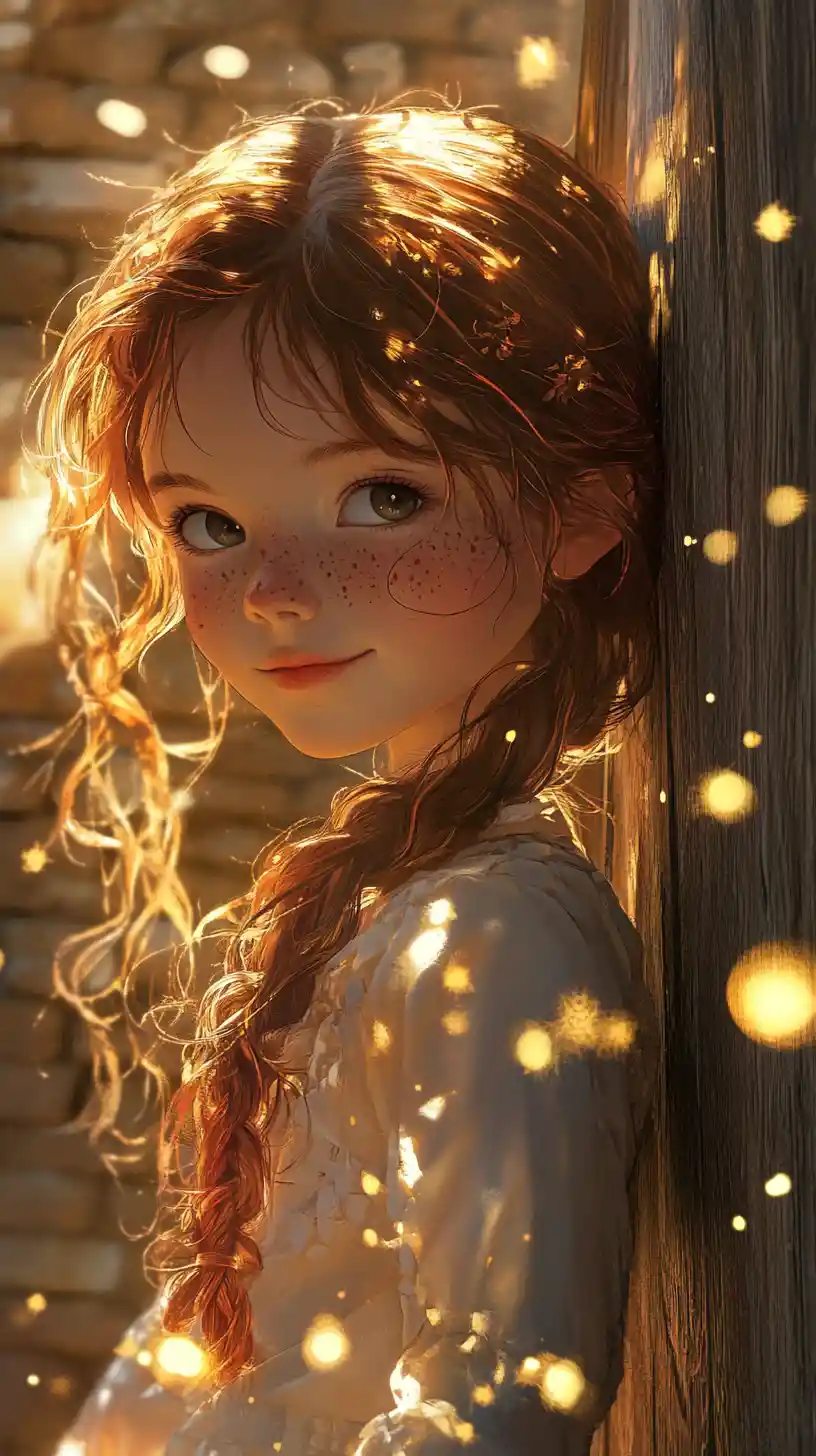 Ragazza anime lentigginosa accanto alla porta di un vecchio fienile al tramonto