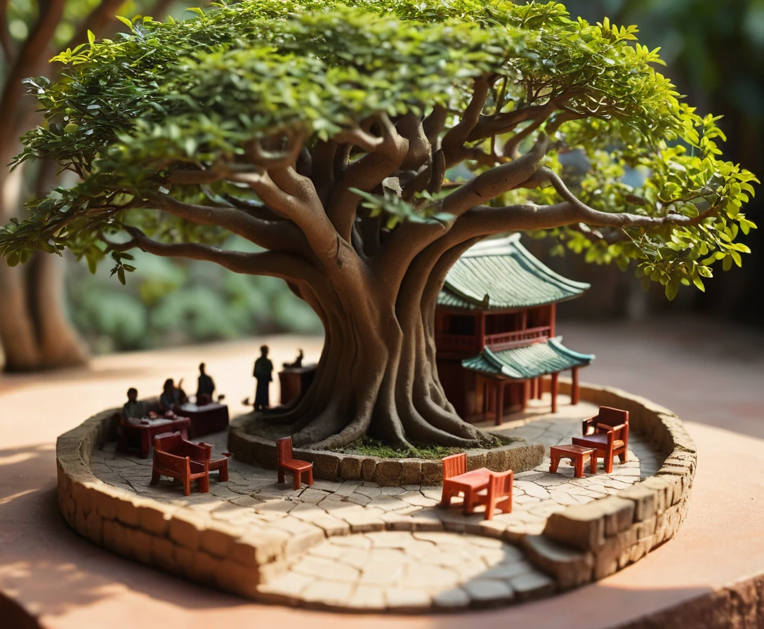 Pátio em miniatura de vila vietnamita sob a suave luz da manhã