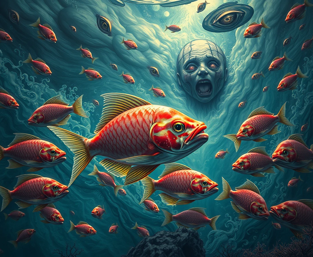Tempête sous-marine surréaliste d’yeux observateurs et de poissons à la dérive