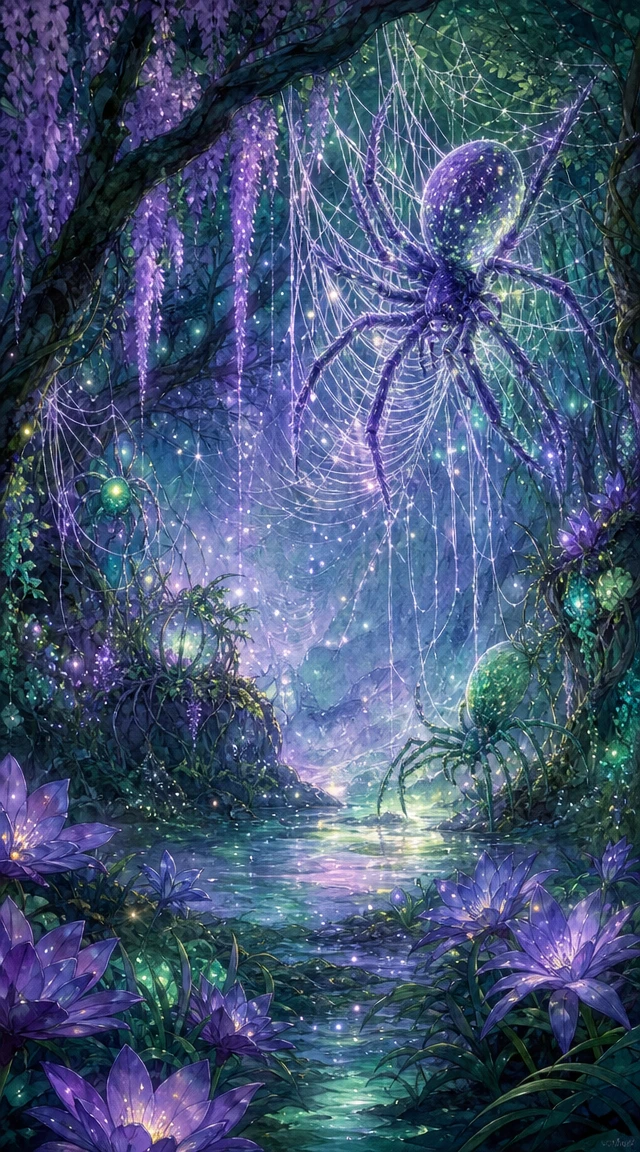 Bosque Lúdico em Aquarela com Aranhas e Teias Luminosas