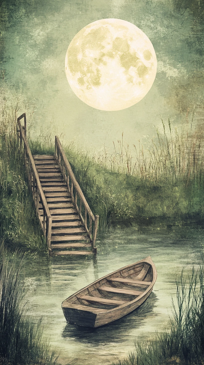 木製のボートと階段のある月夜の川の水彩画