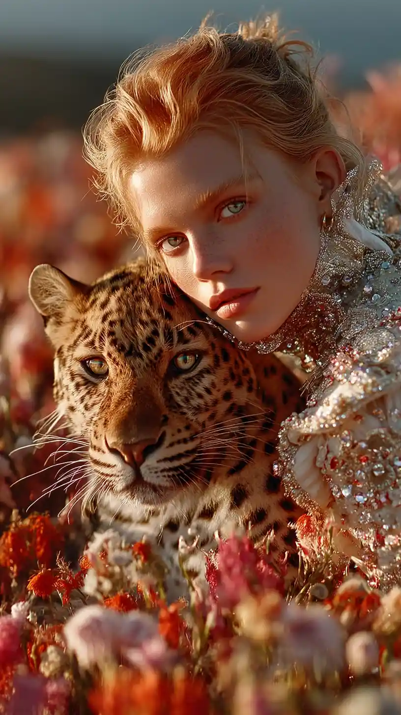 Woman with jaguar in a vibrant flower field