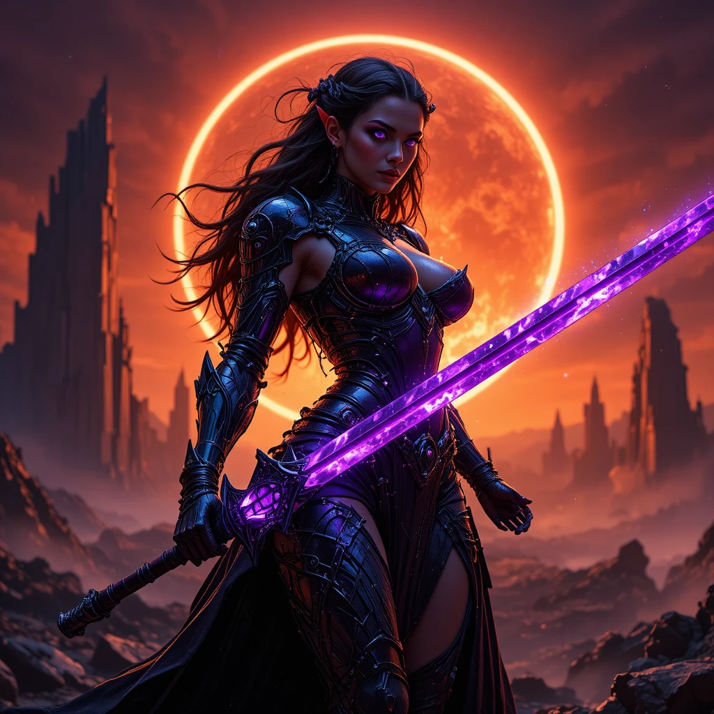 Paladina oscura con espada rúnica violeta bajo un eclipse