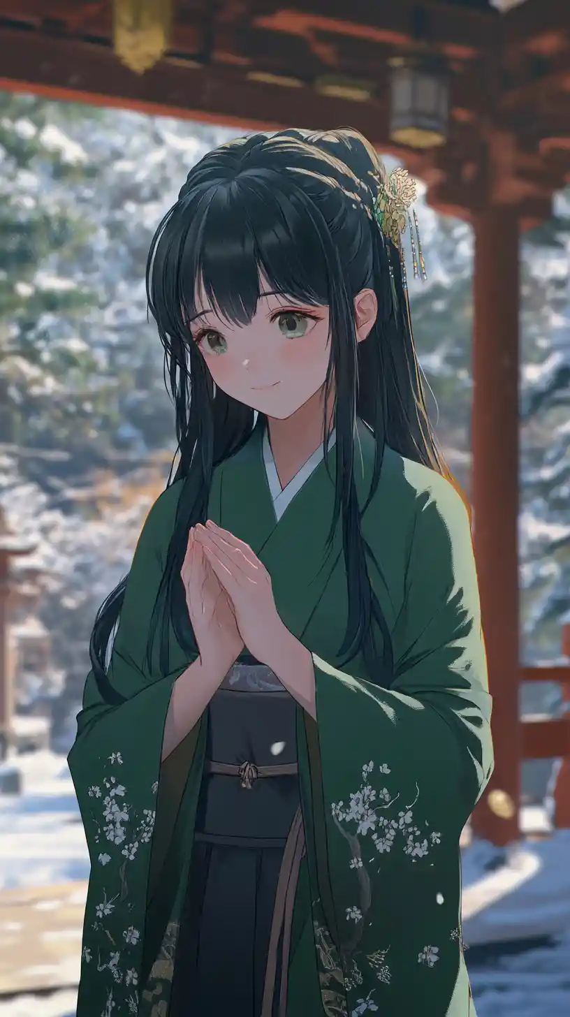 金色洋裝的憂傷動漫少女站在森林神殿前