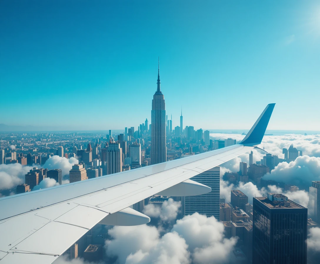 Vista aérea del ala de un avión sobre el skyline de Manhattan