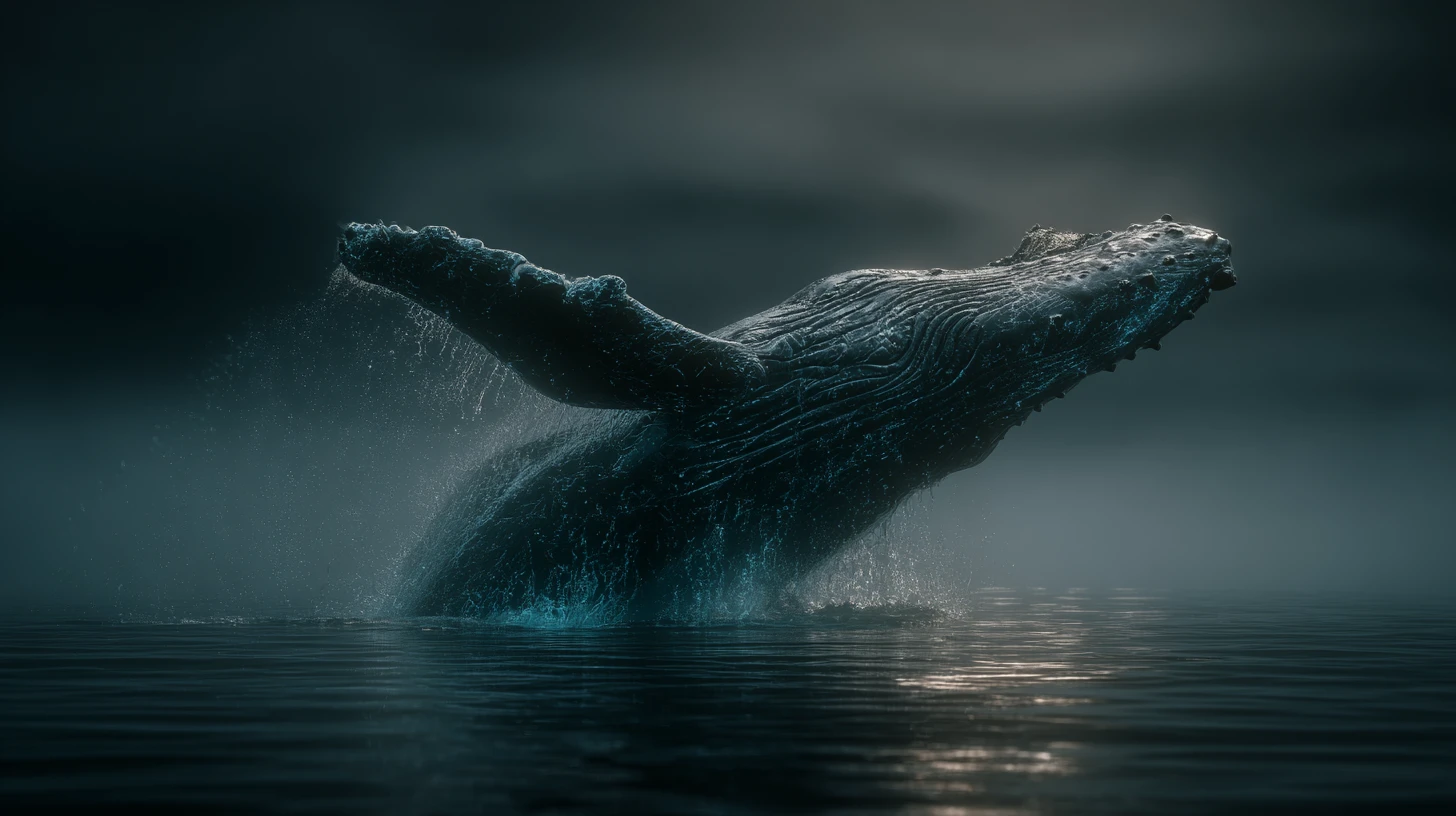 Baleia-jubarte Saltando em um Mar Bioluminescente ao Crepúsculo