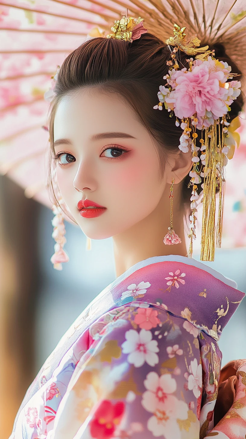 Mulher japonesa em quimono floral com flores de cerejeira no cabelo