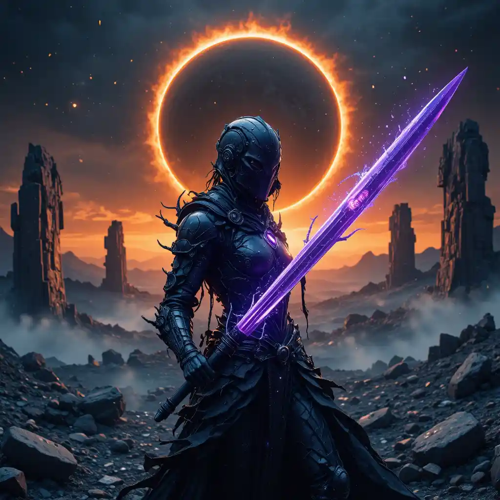 Paladine sombre à lame violette sous une éclipse solaire