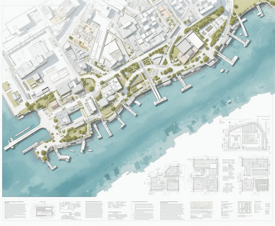 Planche de présentation de concours pour masterplan urbain en front de mer