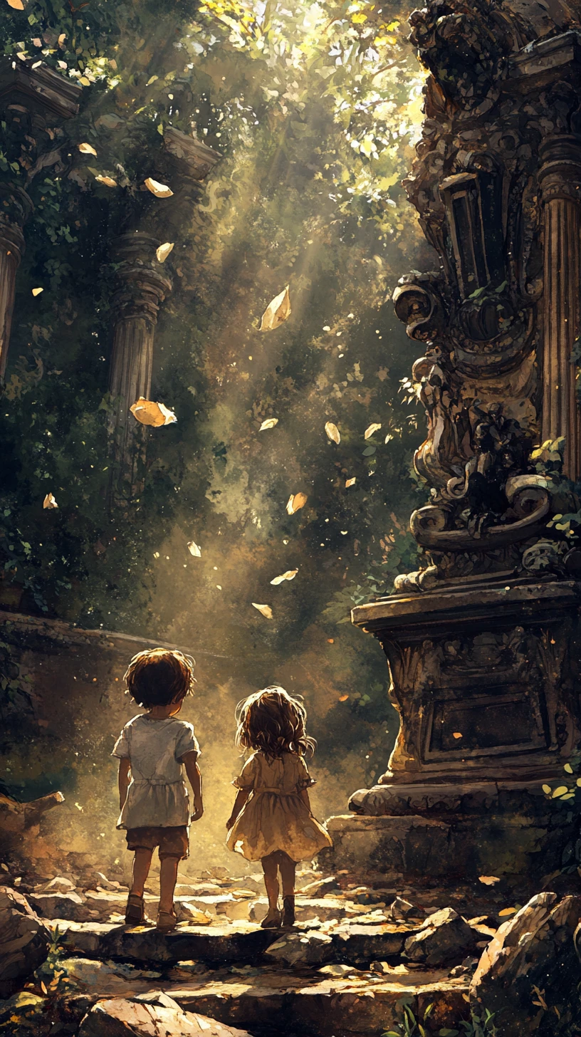 Children Discovering A Hidden Enchanted Garden Behind A Statue
