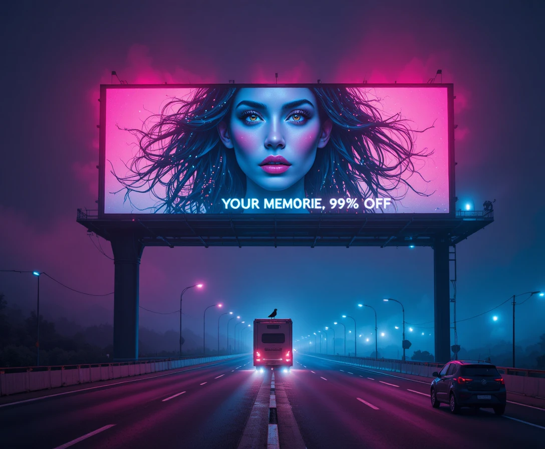 Rodovia Neon Futurista com Outdoor de IA à Noite