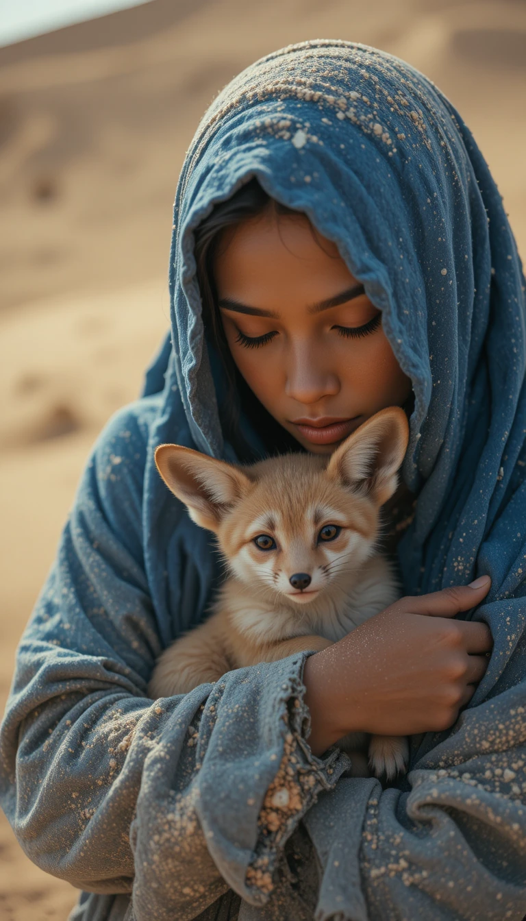 Femme berbère éthérée tenant un fennec dans le vent du désert