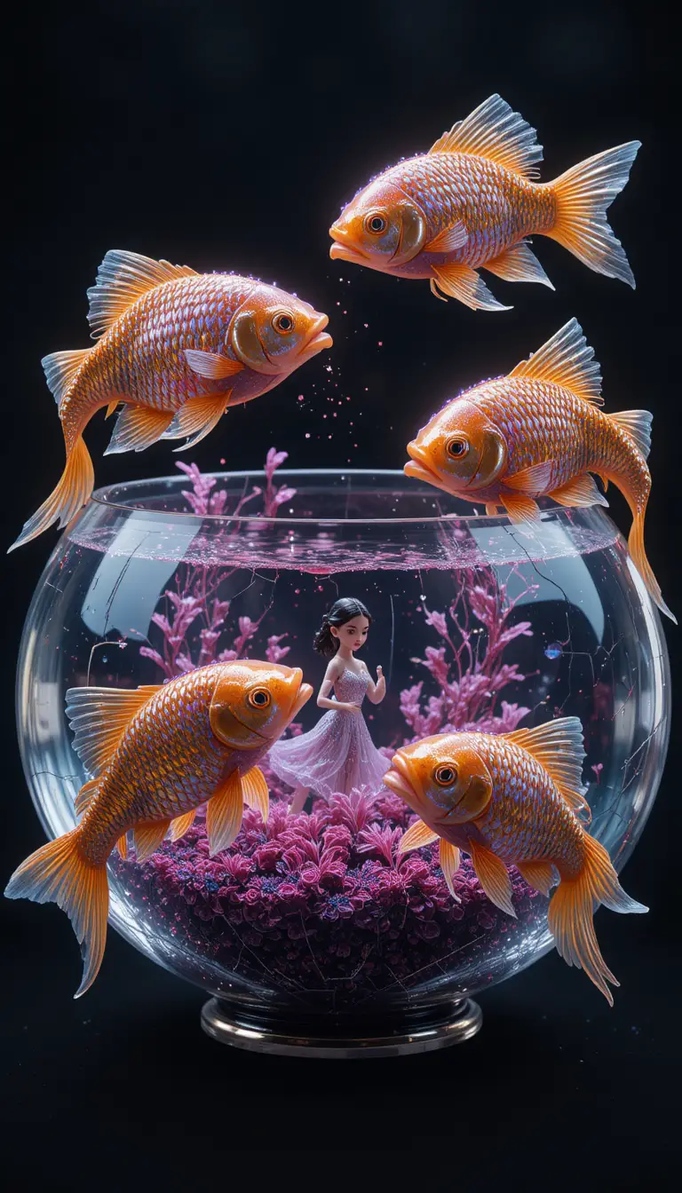暗い宇宙空間を回る壊れた水槽と金魚