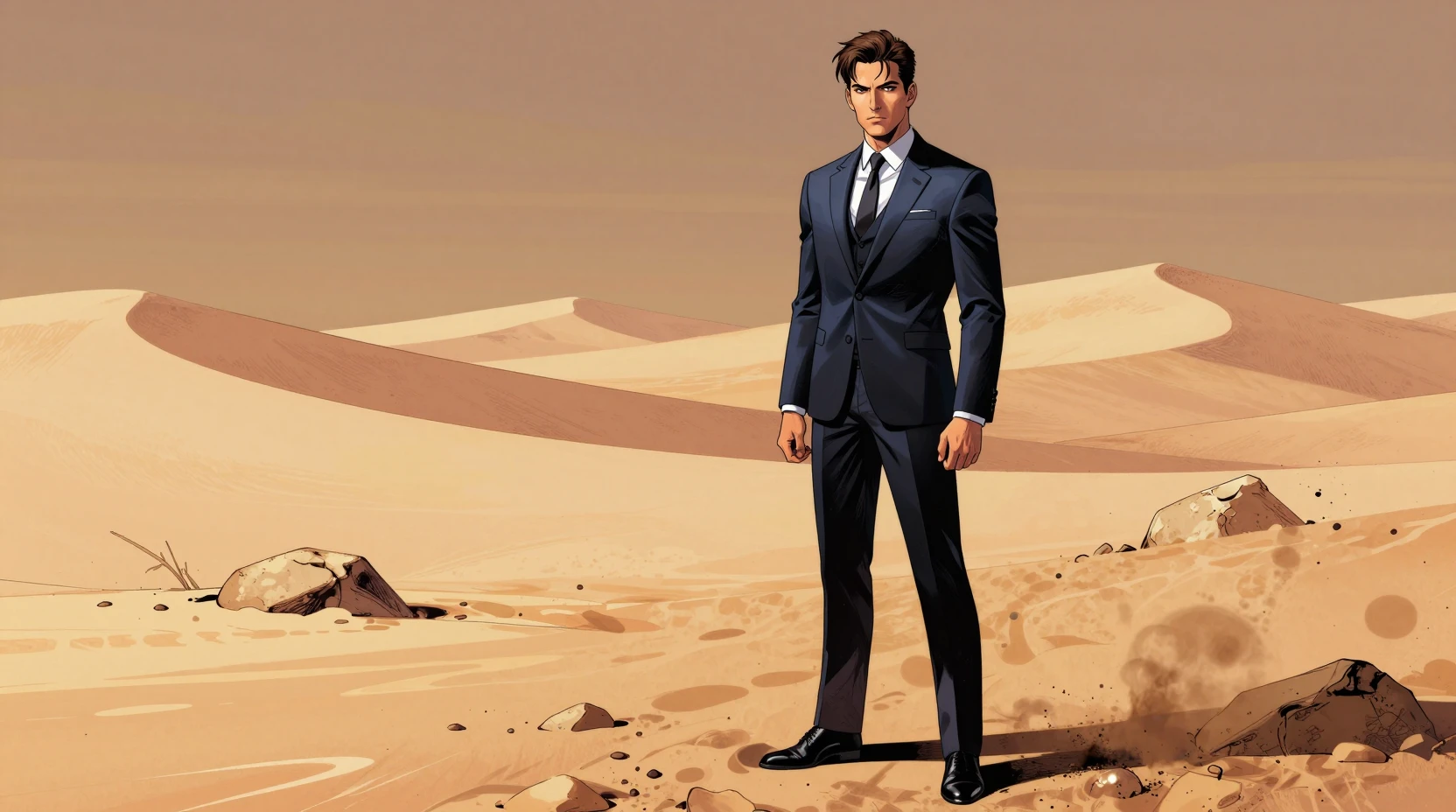 Hombre bajo con traje azul oscuro de pie en los vientos del desierto