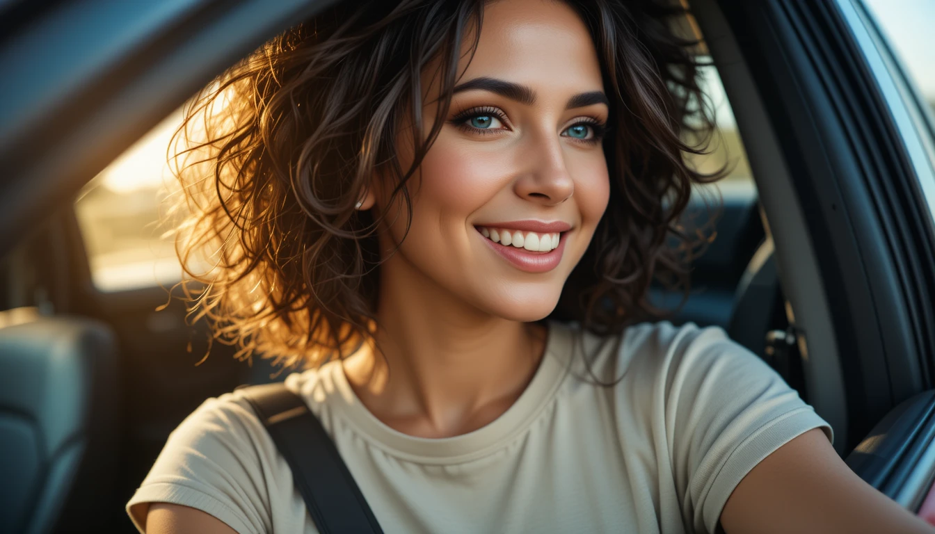 Mujer de ojos azules sonriendo y relajándose en un auto bañado por el sol