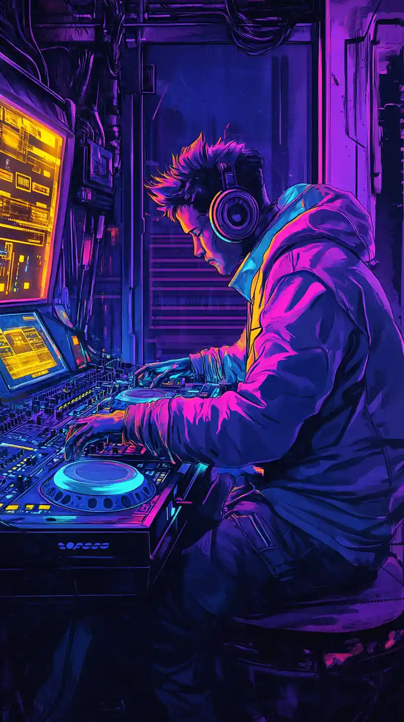 Neon drenched cyberpunk dj in futuristic subway club