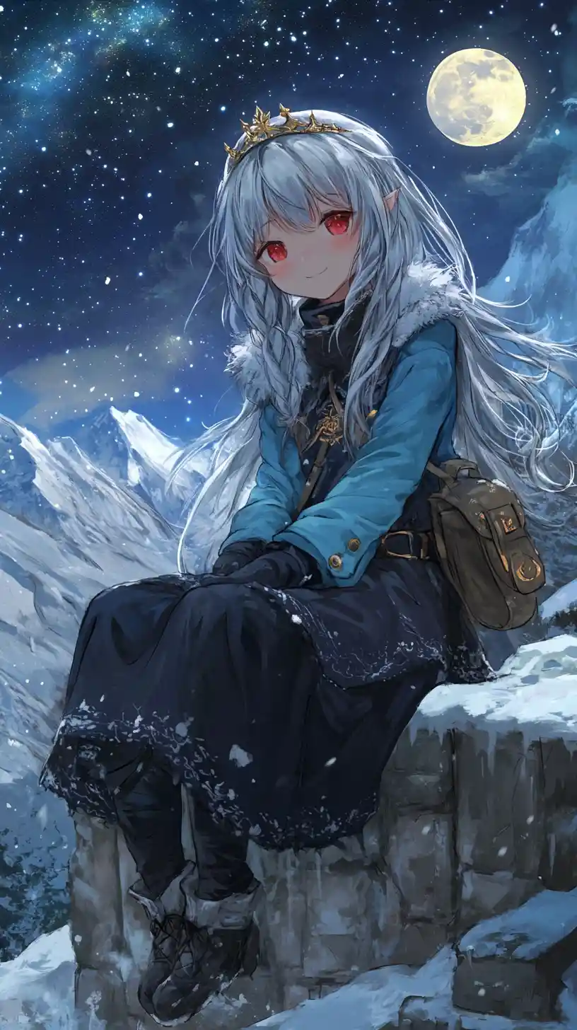 Anime girl on a giant hand before an icy palace