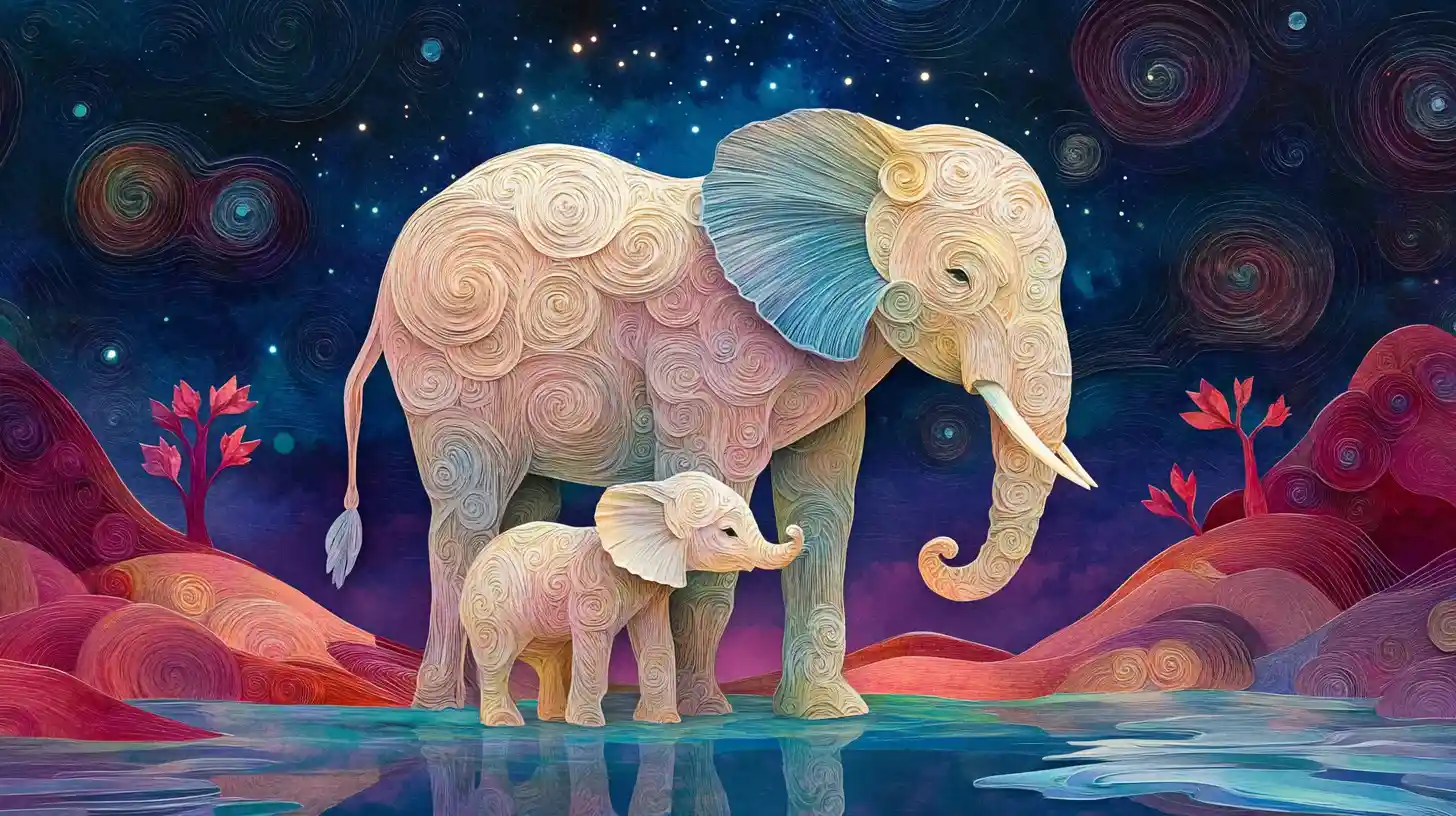 Papercraft Mother Elephant Sheltering Newborn Calf At Billabong