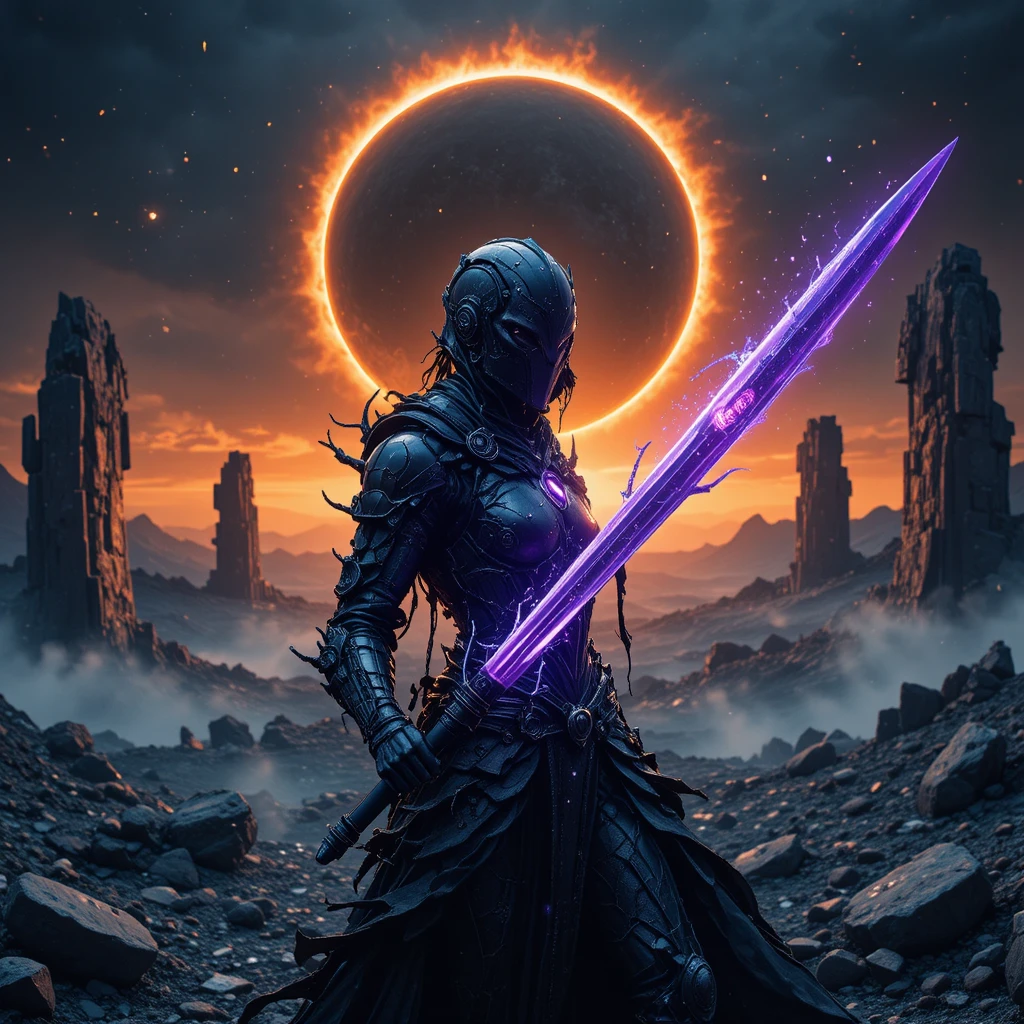 Paladine sombre à lame violette sous une éclipse solaire