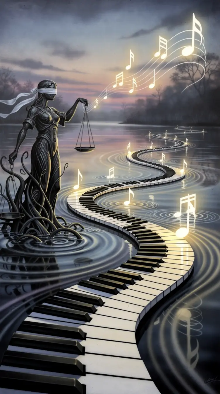 Sentiero Surreale di Tasti di Pianoforte su uno Stagno Calmo
