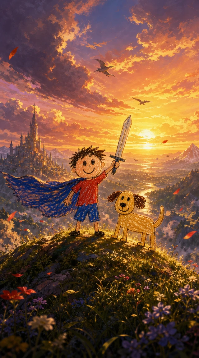 Menino e cachorro em uma cena de pôr do sol fantasia e lúdica