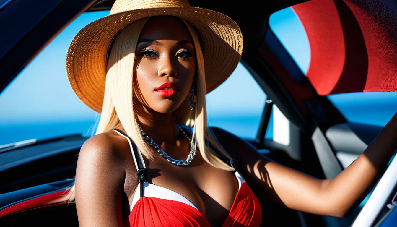Black woman reclining in a car wearing a red summer dress