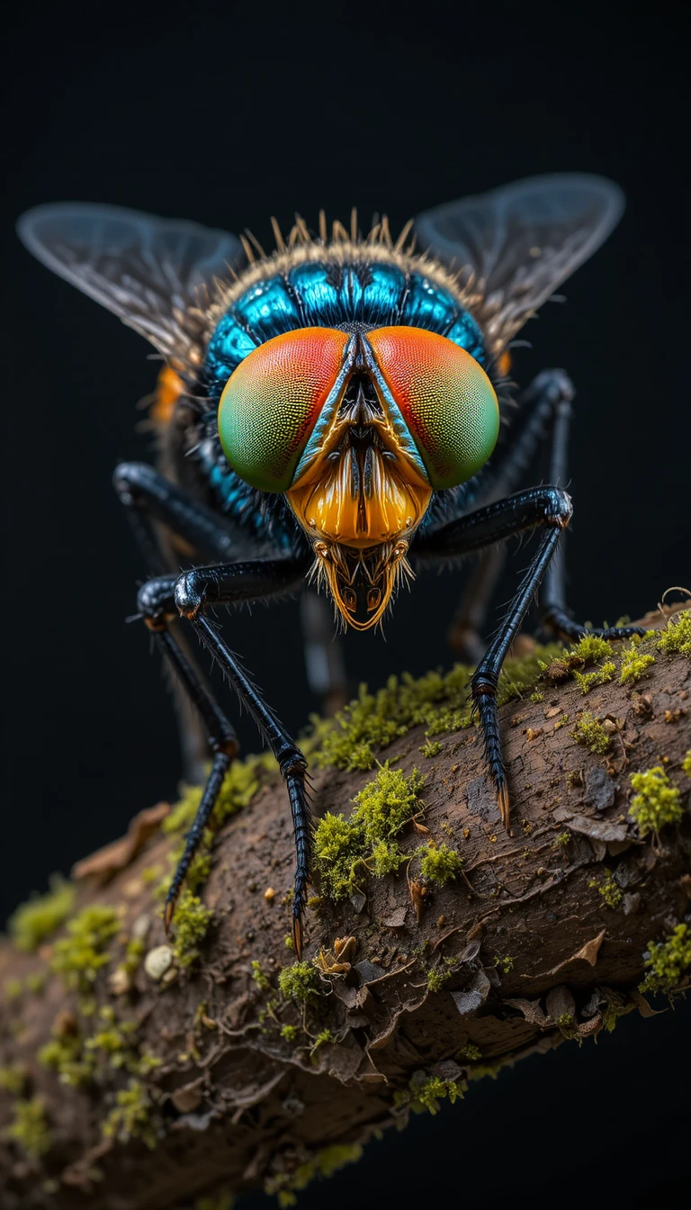 Primer plano macro de una mosca colorida sobre una rama cubierta de musgo