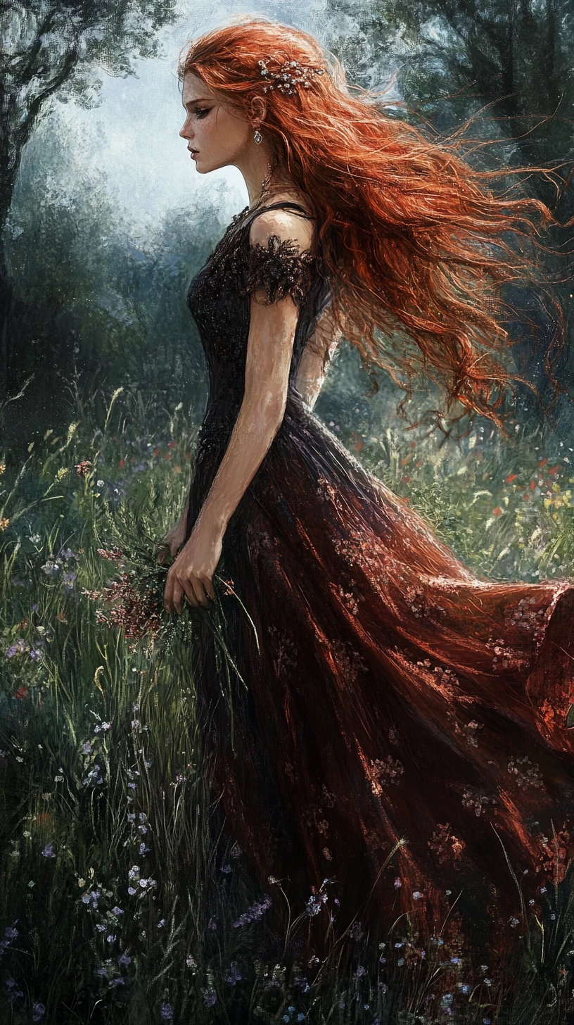 Ilustração em anime de mulher ruiva em campo de flores
