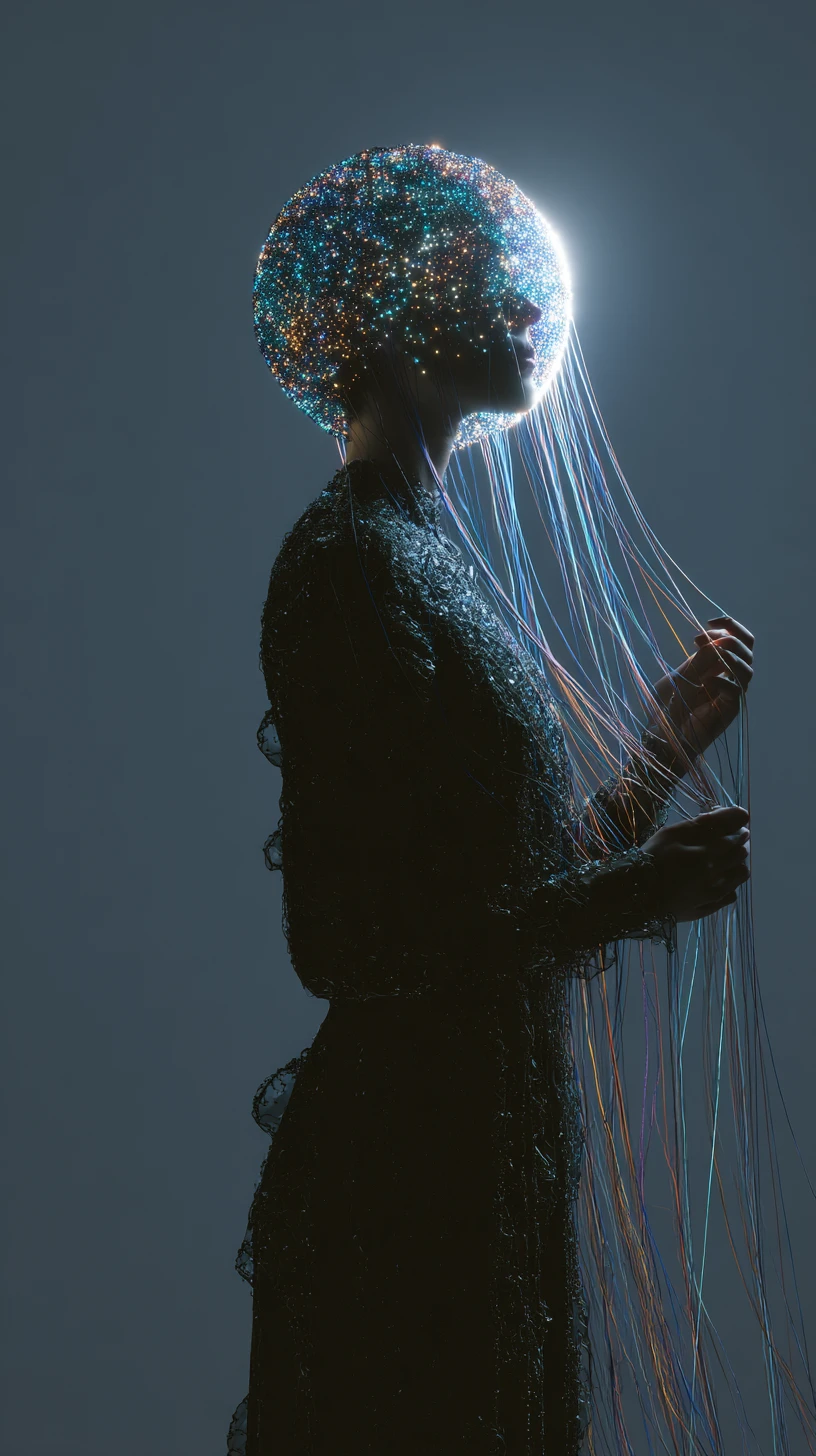 Silhouette élancée en maille soulevant un orbe lumineux en tissu cousu