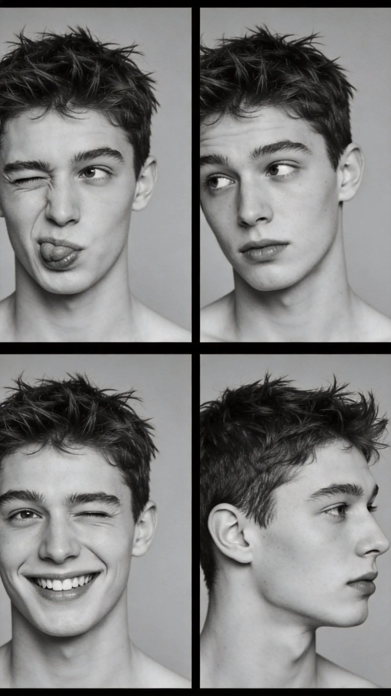 Portraits en planche-contact noir et blanc d’un jeune homme enjoué