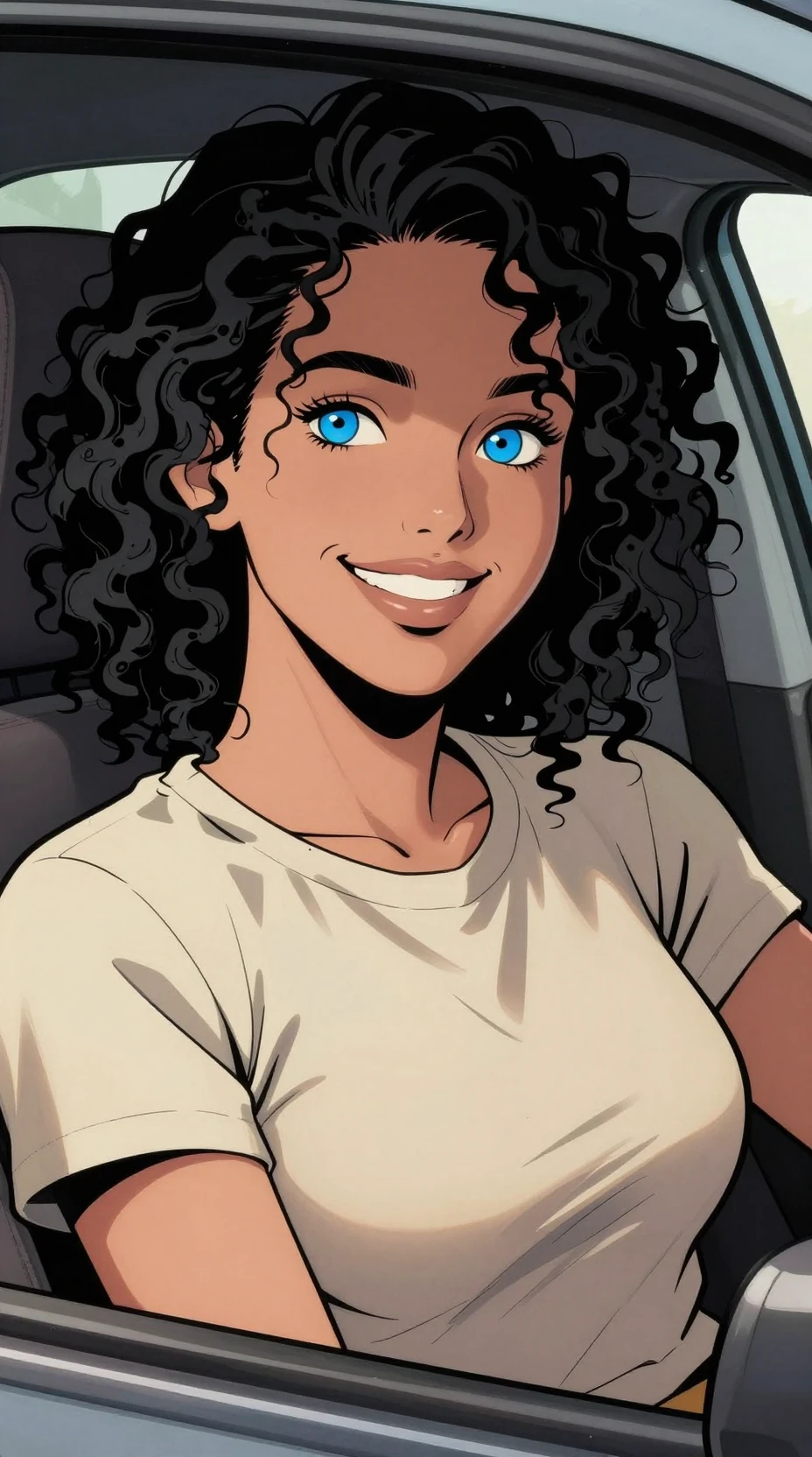 Smiling woman with blue eyes sitting in a car