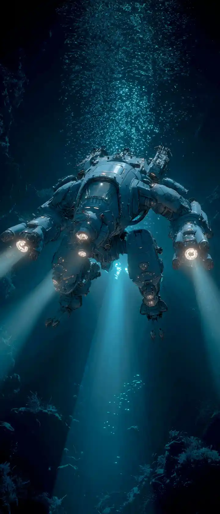 Armored ocean combat mecha hunting in an alien abyss