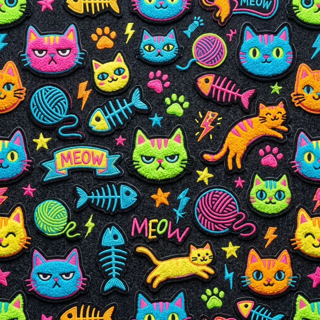 Motif 3D sans couture de patchs chat cartoon sur fond sombre