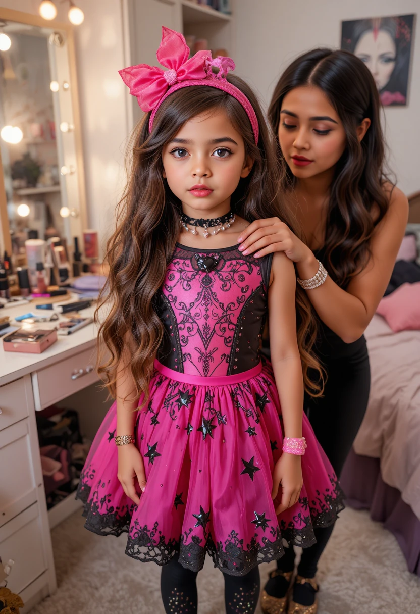 Menino nervoso de vestido rosa se arrumando com a irmã