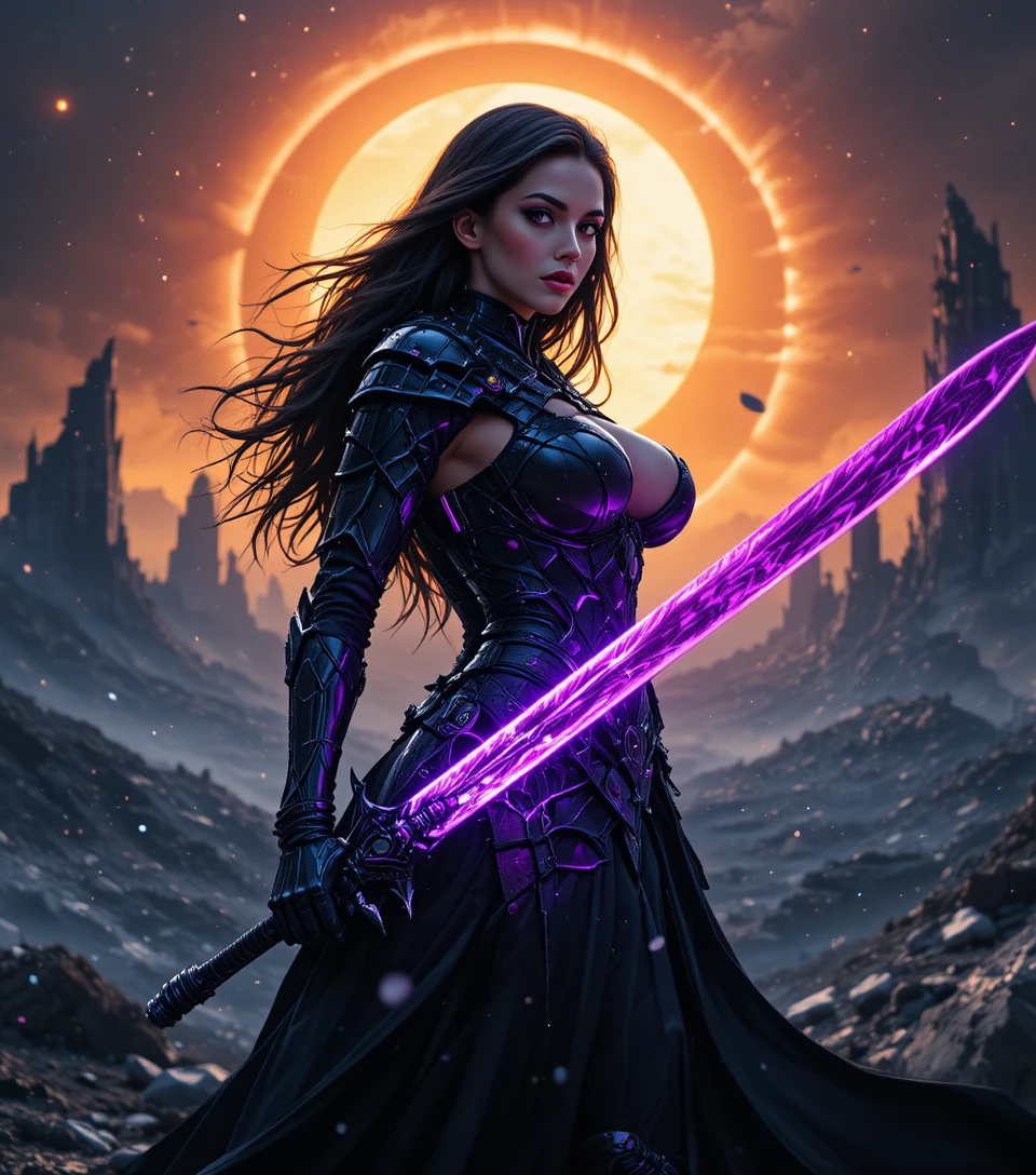 Dark paladin woman with violet runeblade under eclipse
