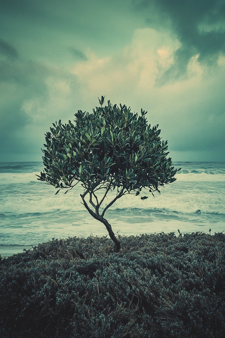 Planta de murta surreal à beira-mar em uma luz onírica
