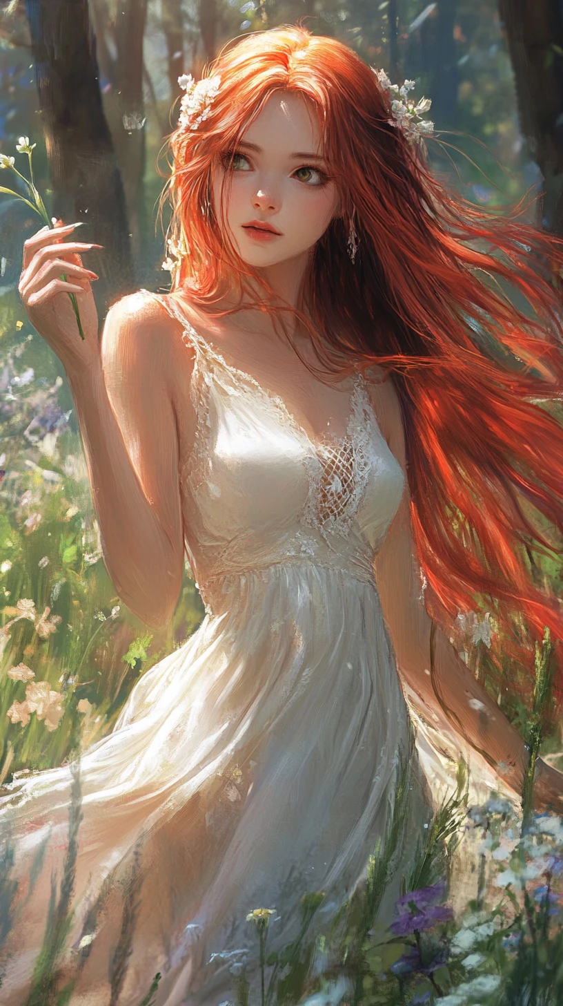 붉은 드레스를 입은 애니메이션 여성이 여름 꽃밭에 서 있는 모습